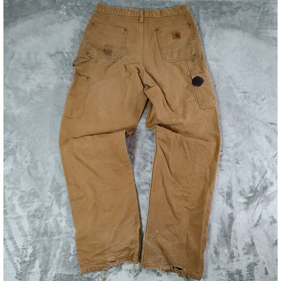 VTG Carhartt Double knee B136 leather patch utililty workwear pants mens 30x32 - Picture 2 of 8